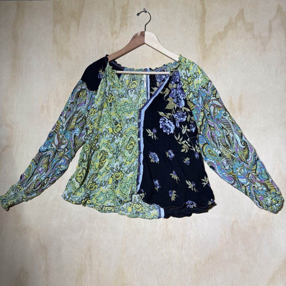 Free People Mixed Print Boho Peasant Top XS Floral Paisley Balloon Sleeve Blouse
